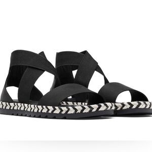 Sorel Ella I Black Leather Arrow Chevron Jute Espadrille Elastic Sandal EUC SZ 9